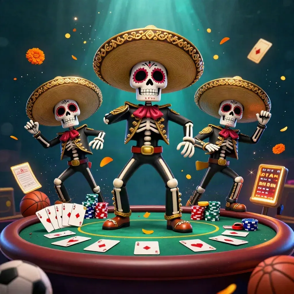 Skeleton mariachi trio with chips, aces, balls and teal arena glow