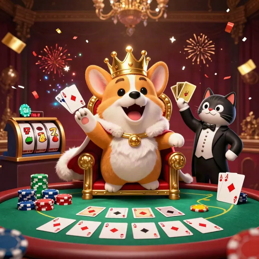 Crowned corgi and cat butler amid chips, cards, confetti, and a dark burgundy casino glow.