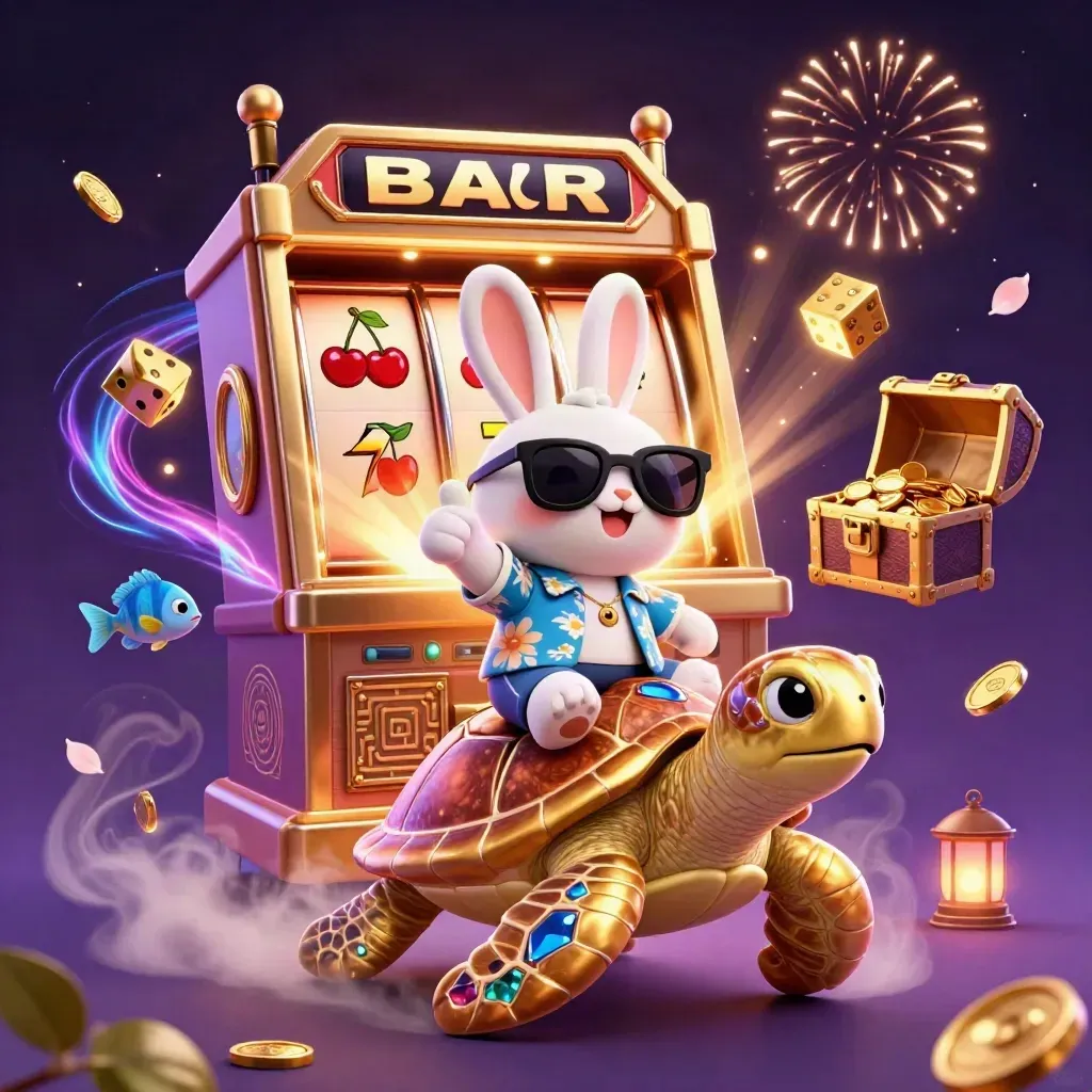Lucky rabbit rides a gold turtle amid slot bursts, coins, fireworks, and treasure.